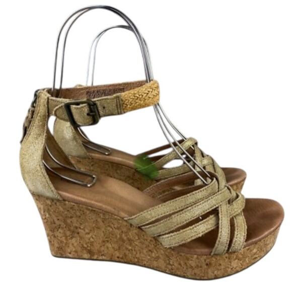 UGG Lillie Gold Suede Metallic Wedge Sandal Women's 9 Braided Strappy Tassel - Picture 1 of 7